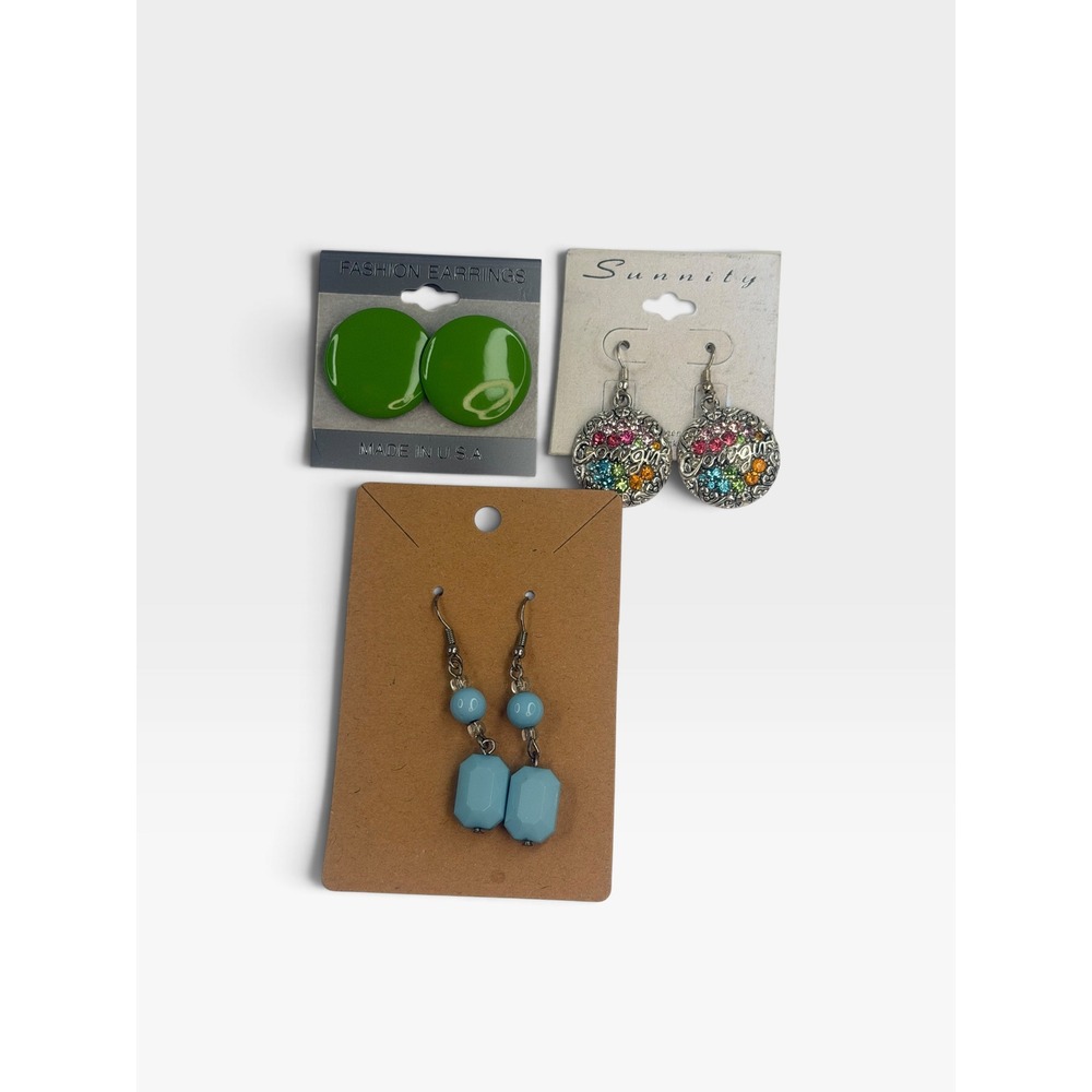 Lot of 3 Fashion Earrings Green Button Blue Bead Sunnity Cowgirl Rhinestone